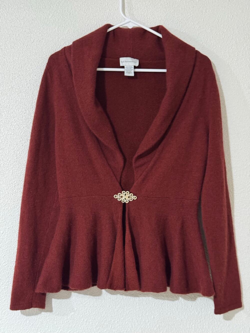 Soft Surroundings Jeweled Clasp Shawl Collar Wrap Cardigan Ruffle Waist Burgundy